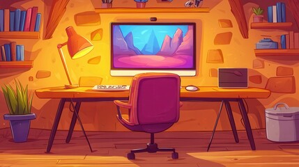 A cozy workspace featuring a computer, desk, and warm lighting in a cartoon style.