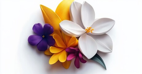 Spring flowers in a modern design setting. The collection comprises daffodils, sunflowers, crocuses, daisies, peonies, and chrysanthemums, depicted as fresh and blooming elements against a white