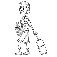 Tourist an elderly woman, pulling a suitcase. She carries a bag a passport and essentials in minimalistic style vector illustration. Excitement for journey, traveller, tourism theme.