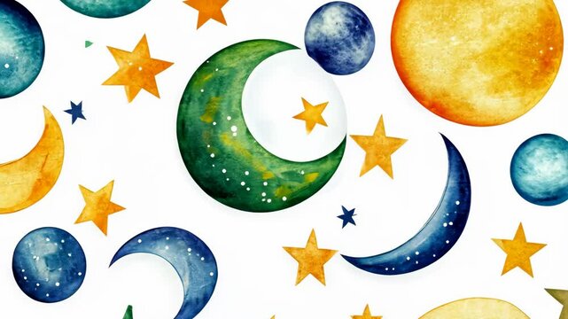 Colorful watercolor moons, stars, and planets create a whimsical celestial pattern for children's decor and crafts