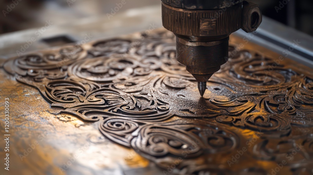 Poster a laser engraving machine creating intricate designs on a metal surface. the image highlights the pr