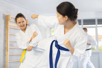 Obraz premium In gym, cosmopolite athletes work in pairs and learn to use classic karate techniques to repel an opponents blow, hone melee skills, strengthen spirit. Sport as lifestyle.