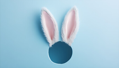 Fototapeta premium White rabbit ear on pastel blue background. Easter day