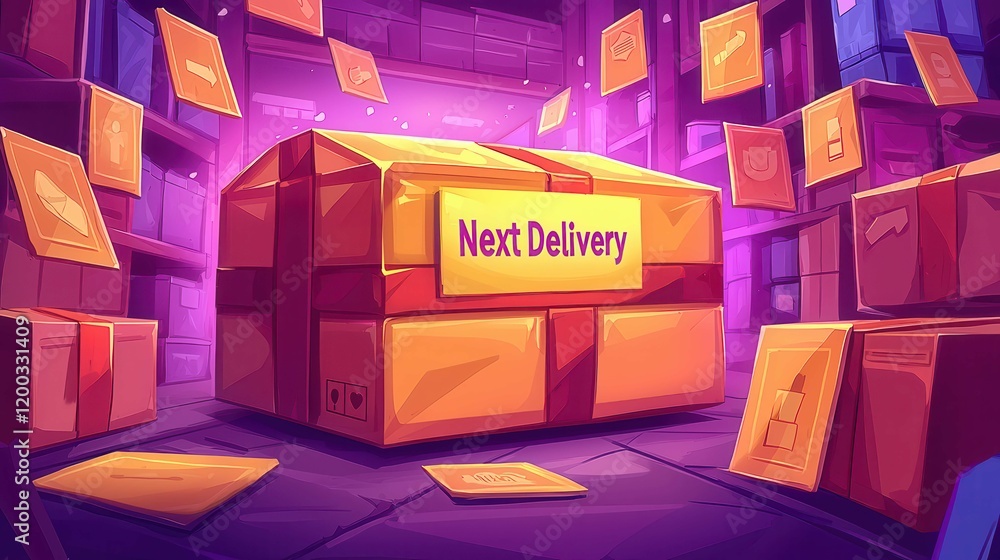 Poster a colorful animation of a delivery box labeled 'next delivery' surrounded by floating images in a wa