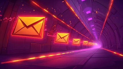A vibrant digital tunnel scene with glowing envelopes, creating a dynamic and futuristic atmosphere.
