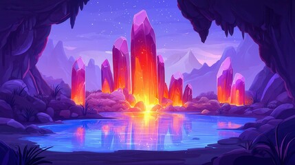 A mystical cave with glowing crystals and a serene water reflection at twilight.