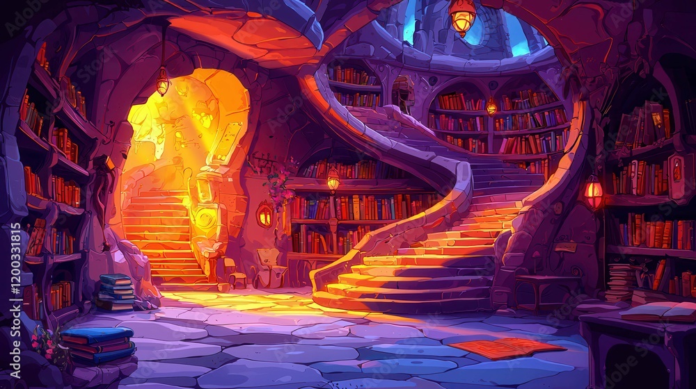 Poster a mystical library with glowing stairs and bookshelves, creating an enchanting atmosphere.