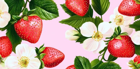 A cute summer seamless pattern and card design with wild strawberries and flowers, great for making a seasonal strawberry wallpaper and for fabric, interior decor, or wrapping paper