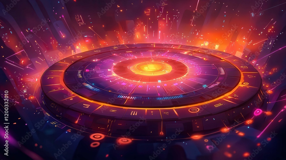 Poster a vibrant, futuristic digital interface with glowing circular patterns and colorful lights in a cosm