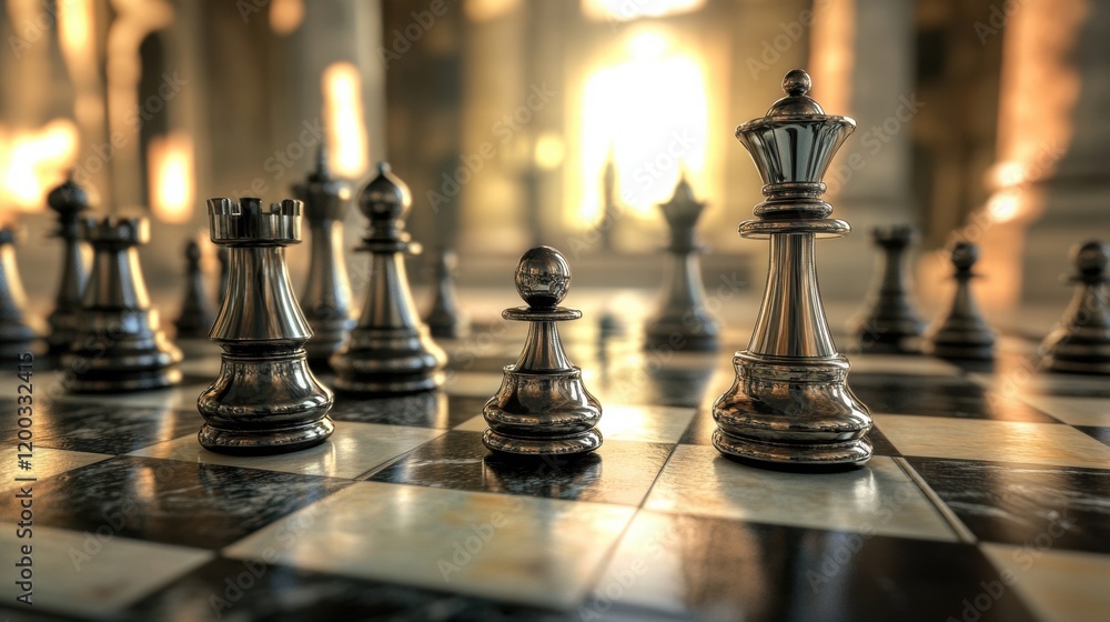 Poster Chess game in a majestic hall, pieces arranged strategically with soft light enhancing the atmosphere and elegance. Generative AI