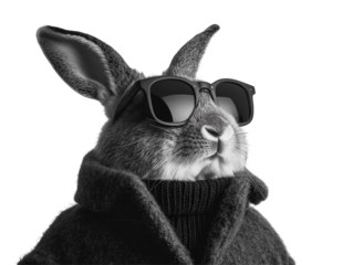 Isolated Rabbit in Coat and Sunglasses Black and White
