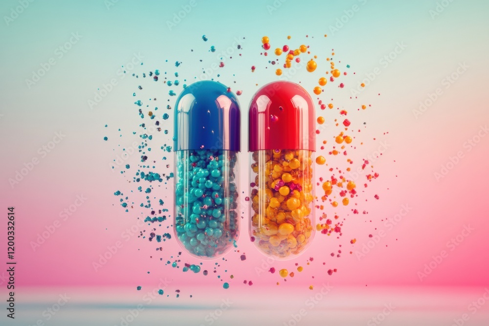 Poster colorful particles spill out from a split capsule creating a vibrant display in a surreal background
