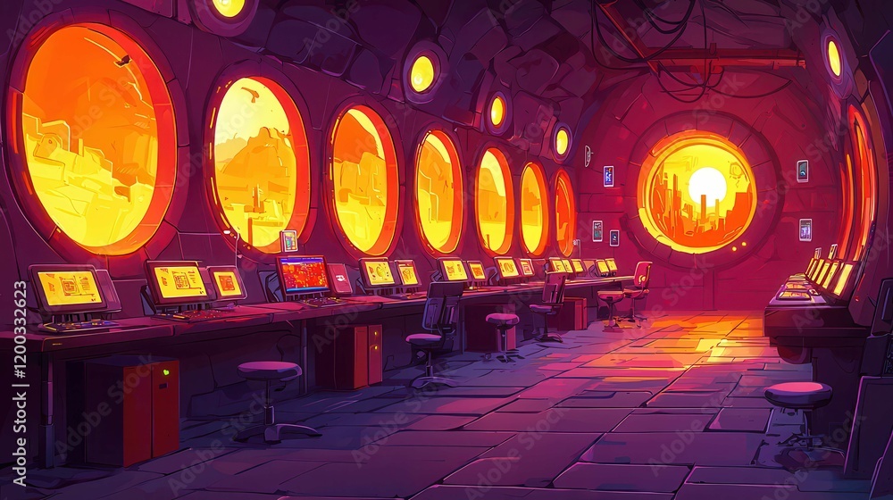 Poster a futuristic workspace with glowing round windows and computer stations showcasing a sunset view, re