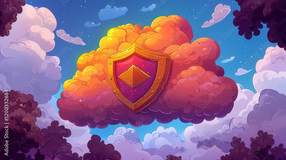 Poster a vibrant cartoon cloud with a shield symbol floating in a colorful sky filled with clouds.