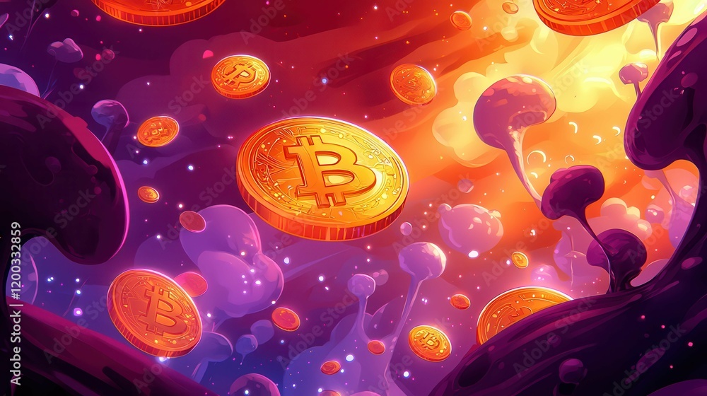 Poster a vibrant digital artwork featuring floating bitcoin coins among colorful mushroom-like structures i