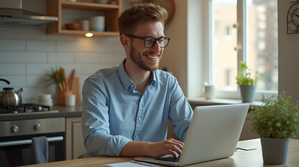 Young businessman manage business from home on remote, freelancer using laptop sit kitchen table on self-quarantine, work over personal growth, apply for online courses to learn new skills