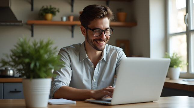 Young businessman manage business from home on remote, freelancer using laptop sit kitchen table on self-quarantine, work over personal growth, apply for online courses to learn new skills