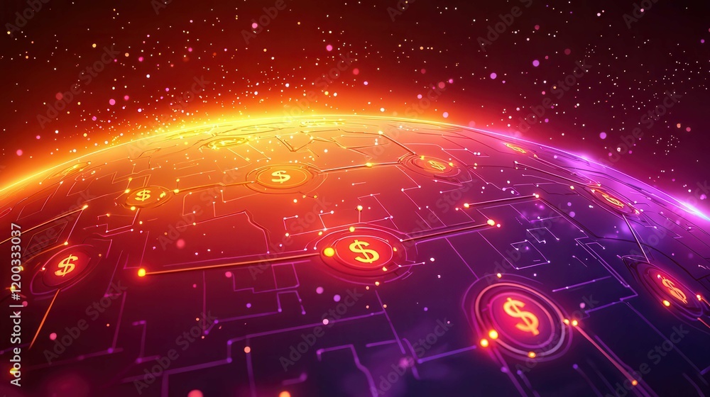 Poster a digital representation of a globe with currency symbols and circuit patterns, showcasing a futuris