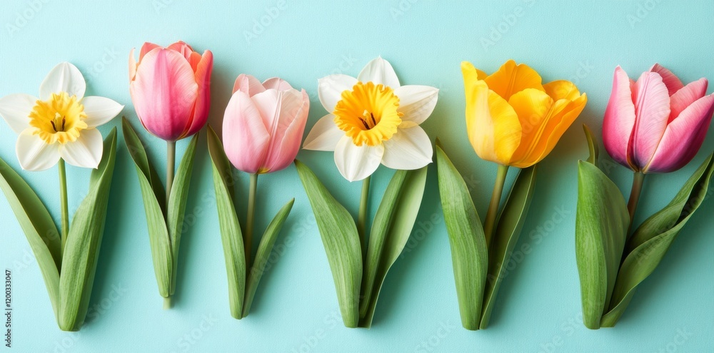 Poster Flat lay spring greeting card with tulips and daffodils set on a blue background, including space for verso text