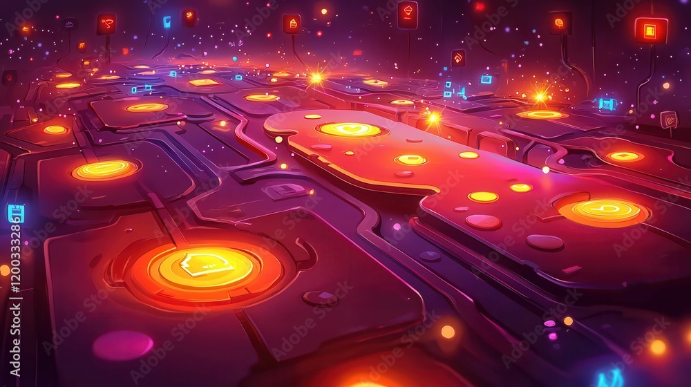 Poster abstract digital landscape with glowing interactive elements in a vibrant color scheme.