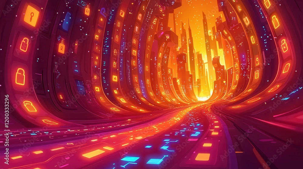 Poster futuristic cityscape with vibrant lights and abstract shapes, creating a digital tunnel effect.