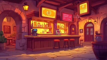 A cozy bar interior with warm lighting, showcasing shelves of colorful bottles and a welcoming atmosphere.