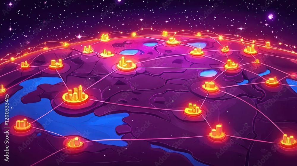 Poster a colorful representation of a networked planet with glowing nodes and connections, illustrating tec