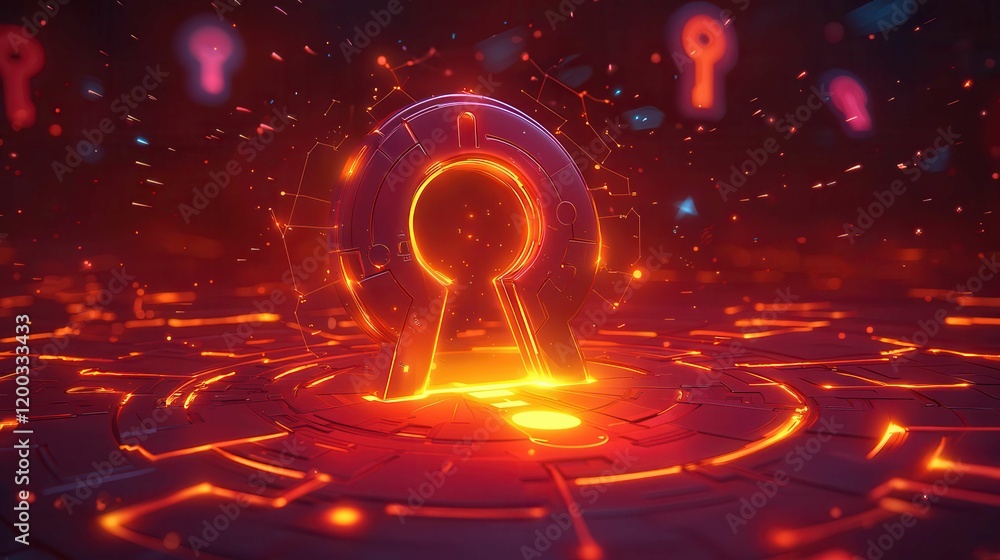 Poster a digital lock surrounded by glowing patterns and symbols, representing security and technology adva