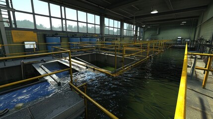 Water treatment plant interior, filtration process, industrial facility, sunlight, environmental
