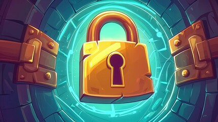 A golden lock symbolizing security, set against a glowing blue background with stone textures and a cartoonish style.