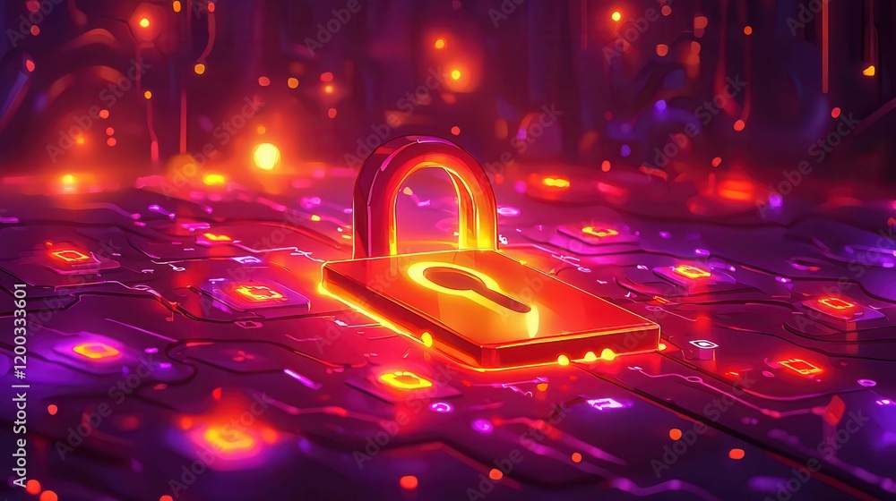 Poster a glowing padlock symbolizing digital security amidst a colorful abstract background.