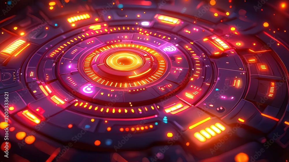 Poster abstract circular design with glowing lights in various colors, creating a futuristic atmosphere.