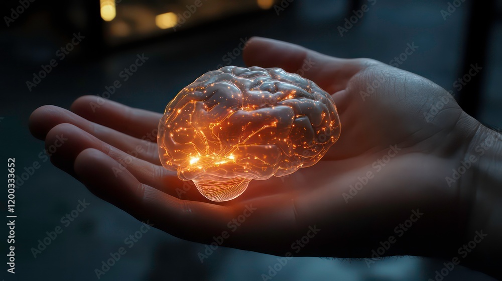 Poster a hand holds a digital holographic brain, representing the tangible interface of artificial intellig