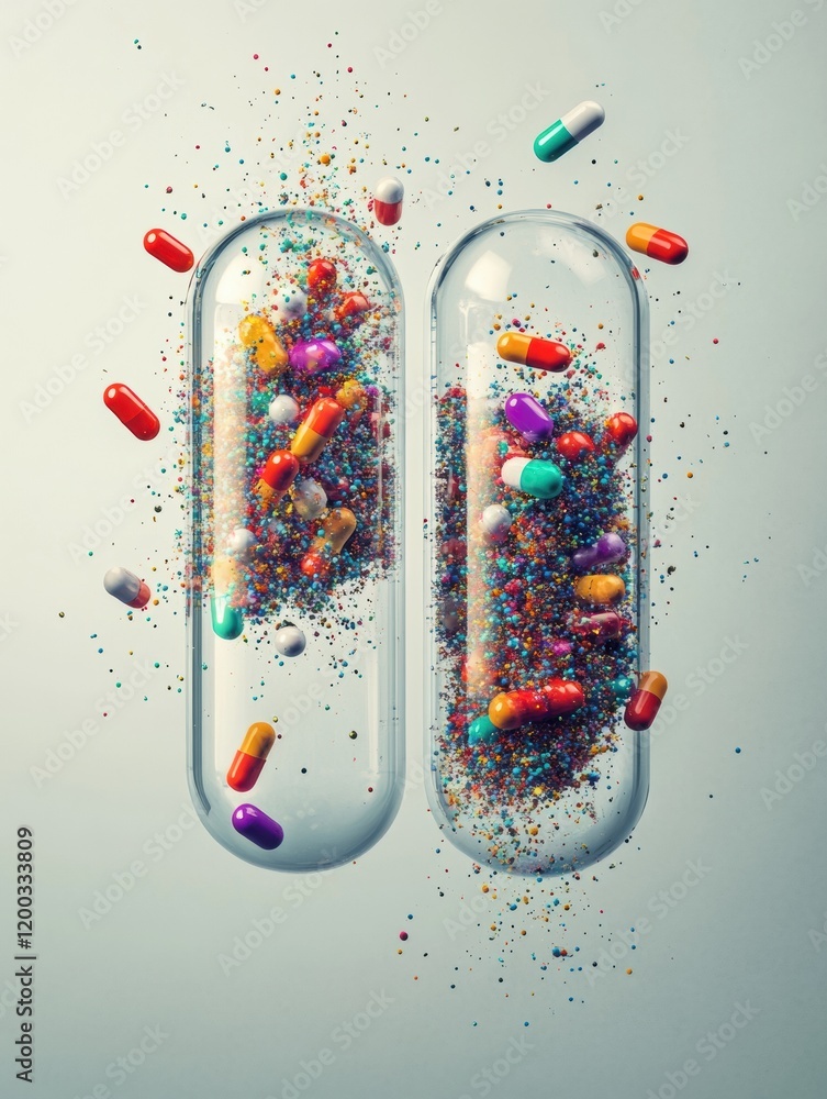 Poster colorful particles spill from split capsules in a vibrant display of texture and color. generative a