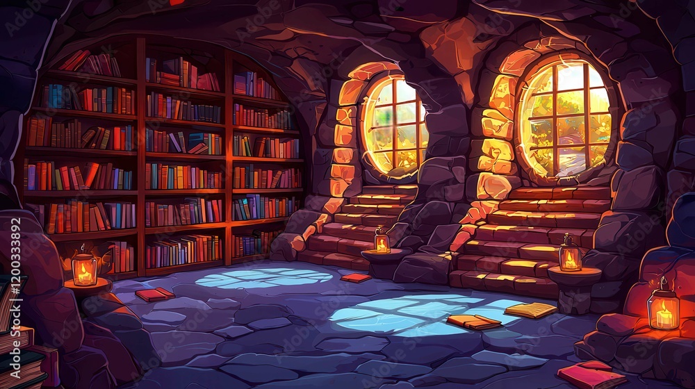 Poster a cozy, illuminated library with stone walls and large windows, creating a warm atmosphere.