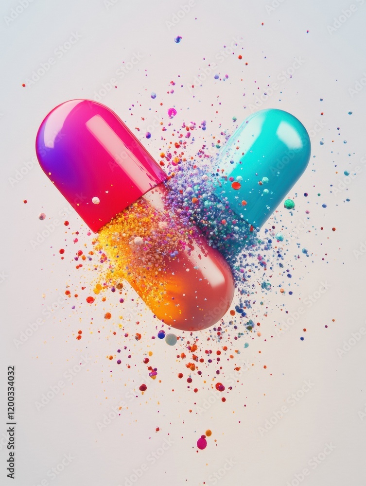 Poster colorful particles burst from split capsule creating a vibrant explosion of hues against a light bac