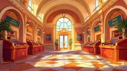 Obraz premium A bright and inviting interior of a grand hall with elegant architecture and decorative plants.
