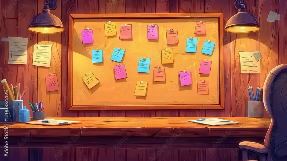 Poster a cozy workspace with a bulletin board filled with colorful sticky notes.