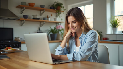 Fototapeta premium Young businesswoman manage business from home on remote, freelancer using laptop sit kitchen table on self-quarantine, work over personal growth, apply for online courses to learn new skills