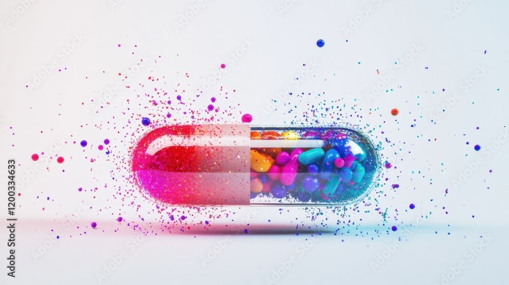 Poster colorful particles spill from a split capsule creating a vibrant display and captivating visual cont