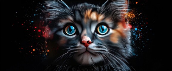 Cute calico kitten portrait, colorful splash background, pet adoption