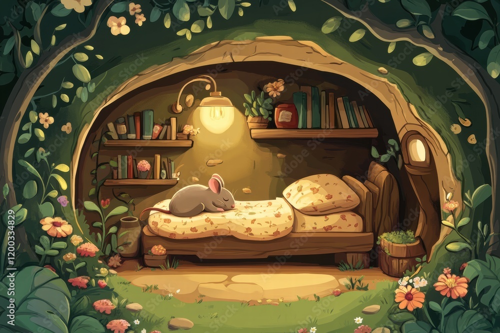 Poster cozy rabbit burrow with a soft bed and shelves filled with books in a whimsical forest setting at du