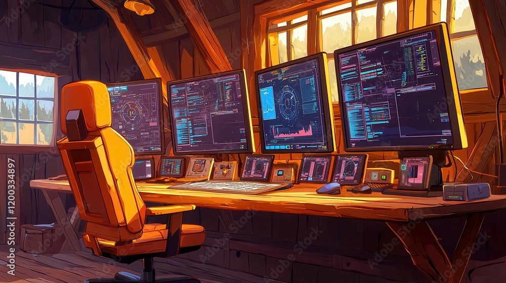 Aufkleber a cozy workspace with multiple monitors set up in a rustic cabin, blending technology with a warm at