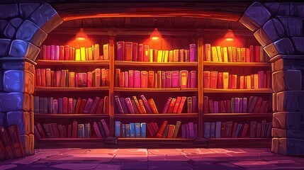 A colorful library filled with books in a cozy, warmly lit environment.