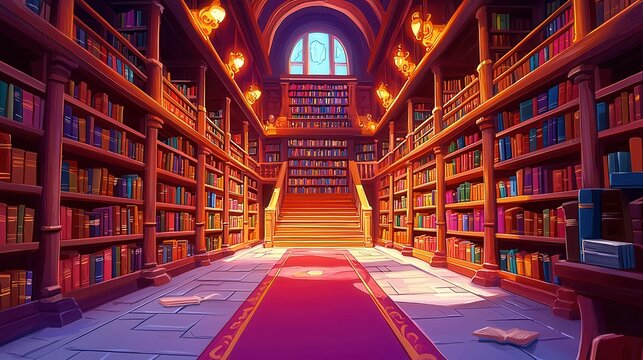 A beautifully designed library interior with bookshelves and warm lighting in an animated style.