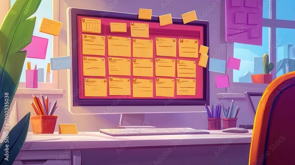 Poster a colorful desk setup with a computer displaying sticky notes, representing organization and creativ