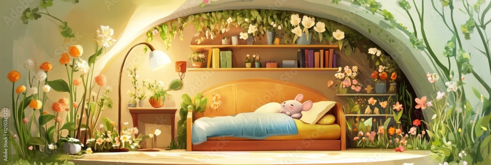 Poster cozy floral bedroom with soft lighting and a plush toy relaxing in the serene environment filled wit