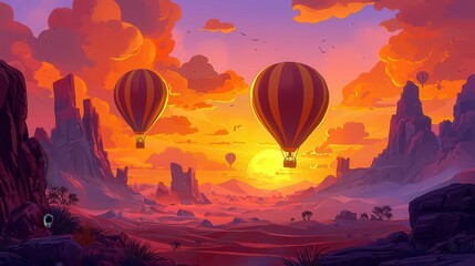 Obraz premium Colorful hot air balloons soaring over a stunning desert landscape during sunset.