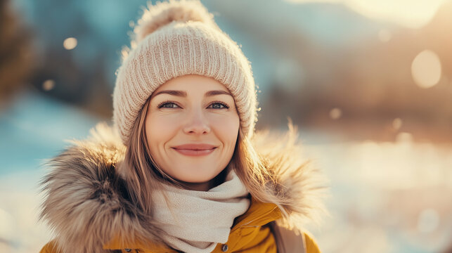 Blonde Woman Smiling in Wooly Hat, Scarf and Jacket, Close-Up Portrait in Snowy Winter Landscape, Embracing Beauty, Fashion, and Winter Outdoors, Cold Season Vibes.