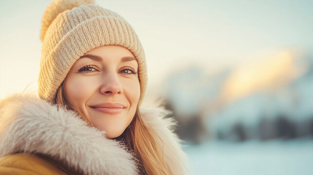 Blonde Woman Smiling in Wooly Hat, Scarf and Jacket, Close-Up Portrait in Snowy Winter Landscape, Embracing Beauty, Fashion, and Winter Outdoors, Cold Season Vibes.